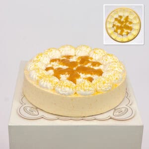 Birthday cake with fruity peach and passion fruit cream as a sweet surprise.