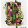 Floral arrangement in a rustic wooden crate with sparkling wine, pink roses, purple flowers, cream Santini chrysanthemums and delicate smokebush