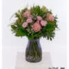 Pink flower bouquet with roses, alstroemerias and baby's breath